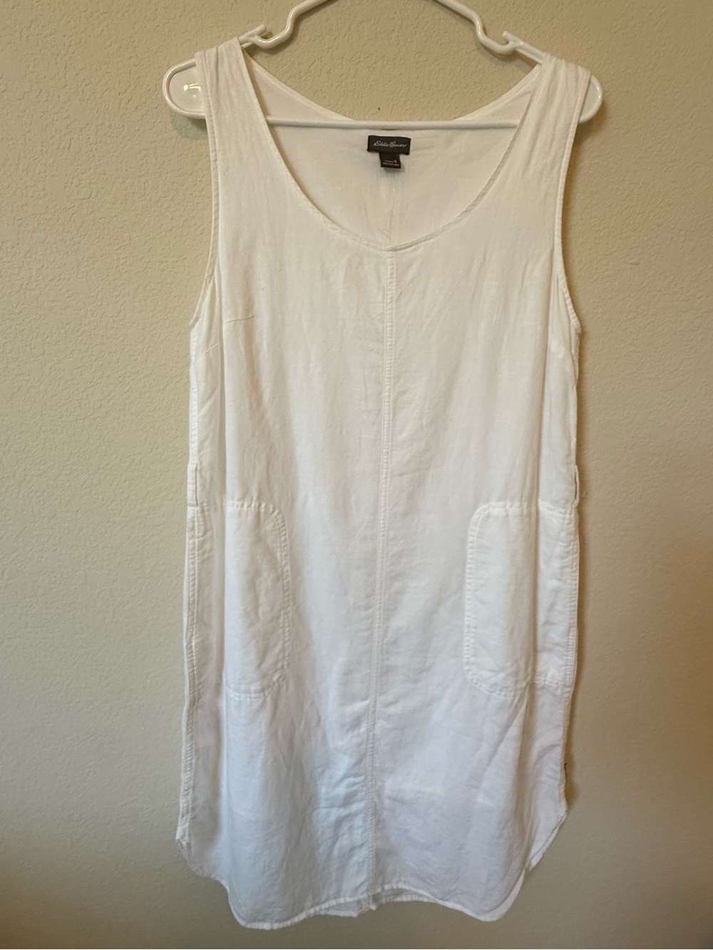Eddie Bauer Linen Blend Sleeveless Dress White Small Pockets Minimalist Shift